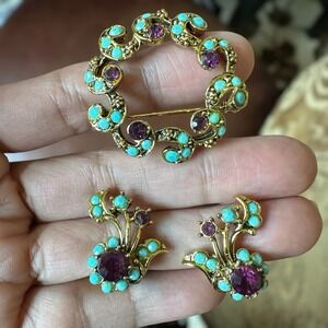 VTG Hollycraft Brooch Pin 1.5" w Earrings Purple Crystals Faux Turquoise‎ READ